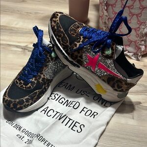 Golden Goose leopard glitter sneakers with pink star and blue laces